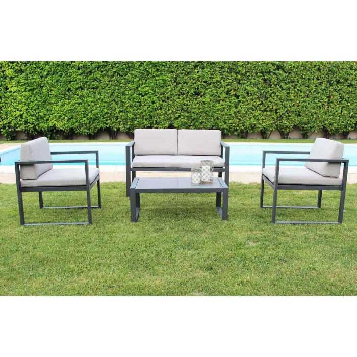 Salon de jardin anthracite canapé et fauteuils en aluminium et table basse avec verre mod. Formentera main product photo