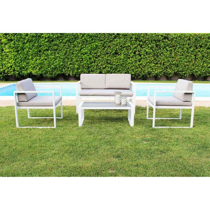 Salon de jardin blanc canapé et fauteuils en aluminium et table basse avec verre mod. Formentera main product photo