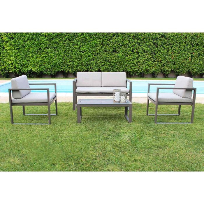 Salon de jardin taupe canapé et fauteuils en aluminium et table basse avec verre mod. Formentera main product photo