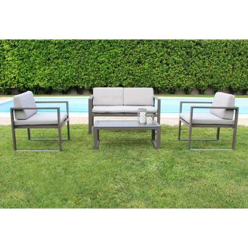 Salon de jardin taupe canapé et fauteuils en aluminium et table basse avec verre mod. Formentera