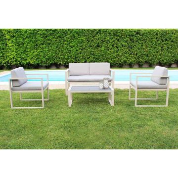 Salon de jardin tourterelle canapé et fauteuils en aluminium et table basse avec verre mod. Formentera